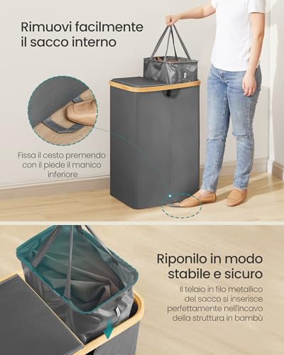 SONGMICS Cesto Portabiancheria a 2 Scomparti,con Coperchio,150 L - Immagine 5