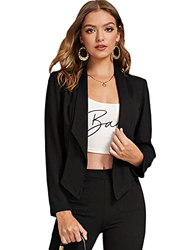 SheIn Women s Shawl Collar Open Front Long Sleeve Crop Blazer Solid Jacket Coat Black X-Small