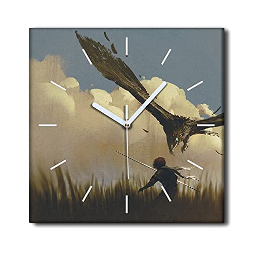 Coloray Uhr auf Leinwand - Weiße Hände - 30x30cm Wandgemälde Wandkunst Moderne Kunst Wohnzimmer Schlafzimmer Lautlos Nicht Tickend Dekoration - Eagle greift Krieger an