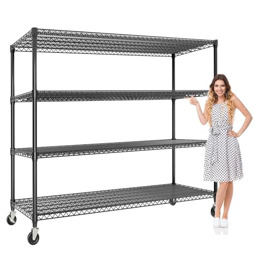 4-Tiers Storage Shelves 59" W Heavy Duty Garage Shelving Units with Adjustable Shelf and Wheels, 2640LBS Capactiy Wire Shelving Rack for Garage Pantry