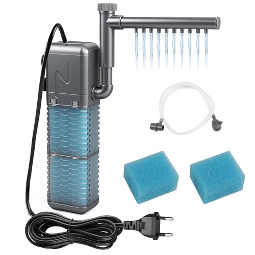 EXLECO Aquarium Filter 9W 800L/H 1.1M Aquarium Inennfilter mit 2 Ersatz Schwämme, Einstellbarer Aquariumfilter für Kleine Tank 20-50L, Aquarium Filterpumpe Schwammfilter für Aquarien mit Sprühstange