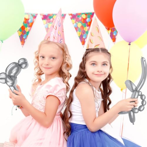 Image of LXZFCRG 260 Long Balloons, Shiny Metallic Latex Twisting Balloon for Balloon Animals, Magic Balloons for Birthdays Wedding Party Decorations 100pcs (Metallic Silver)
