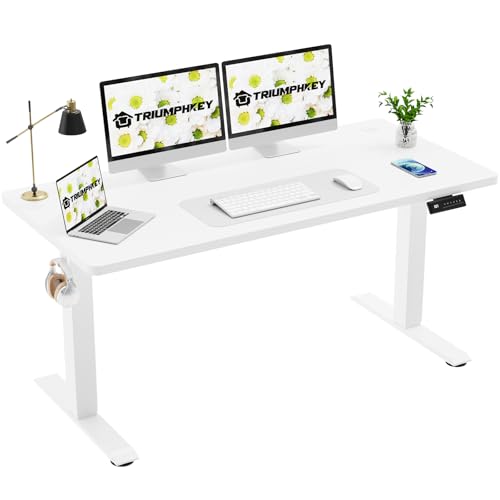TRIUMPHKEY 140x60cm Escritorio Elevable Eléctrico con Tablero,Panel Control con 4 Funciones Memoria,Mesa Altura Ajustable de Gancho y Gestión de Cables para Oficina y Hogar Blanco