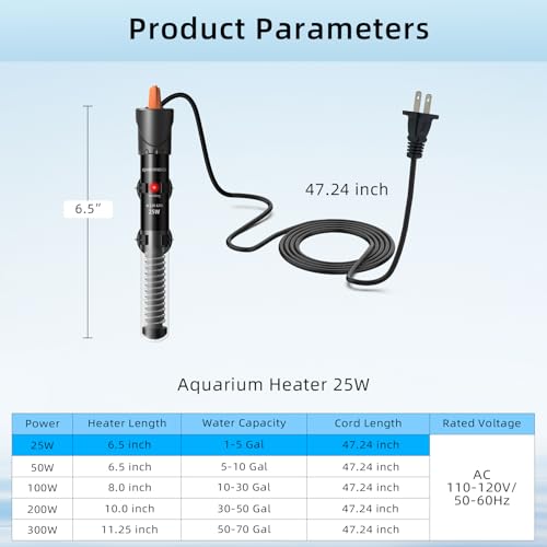 Image of HiTauing Aquarium Heater 25W /50W /100W /200W /300W, Adjustable Knob Fish Tank Heater with Digital Thermometer, Submersible Betta /Turtle Tank Heater for Freshwater and Saltwater Tanks