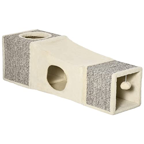 PawHut Katzentunnel, Katzenspielzeug mit Spielball, Katzenhöhle, Faltbarer Spieltunnel aus Sisal, Kombiniertes Design, Braun+Beige, 98 x 30 x 30 cm