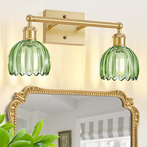 Image of Bathroom Lights Over Mirror,2-Light Vintage Vanity Light Fixtures,Retro Brass Bathroom Light, Flower Wall Sconce With Green Tulip Glass Shade For Bedroom, Living Room, Dressing Table, E26 Base