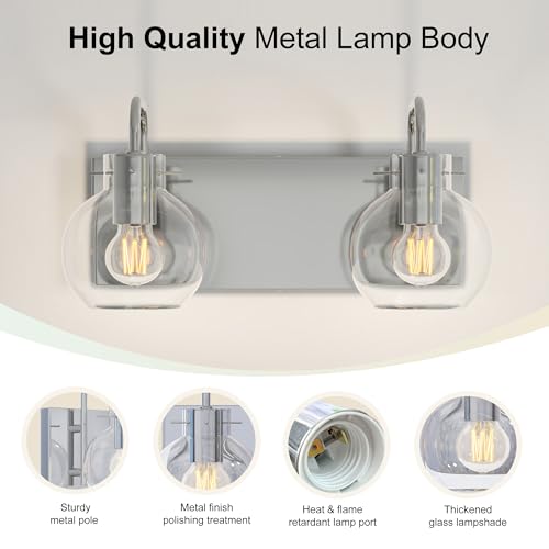 Image of 2-Light Bathroom Vanity Light, Modern Brushed Nickel Wall Sconce with Clear Glass Shade, Vintage Style Mirror Lighting for Bathroom, Bedroom, Living Room,14 Inch