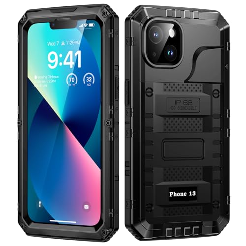 Lanhiem Coque pour iPhone 13 Étanche, IP68 Imperméable Métal Militaire Antichoc, Incassable 360 Intégrale Etui avec Protège-Écran Intégré pour iPhone 13, Noir