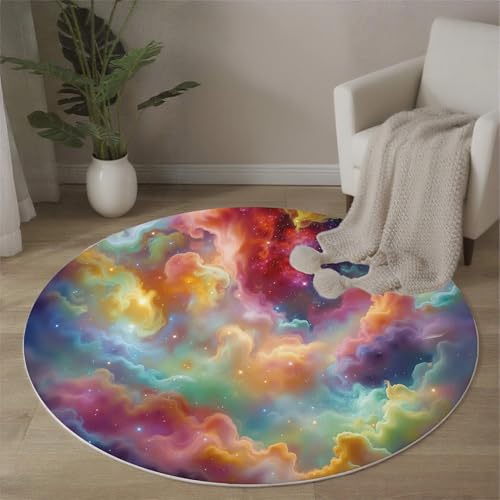 Tapis rond nébuleuse arc-en-ciel 160 cm lavable et antidérapant