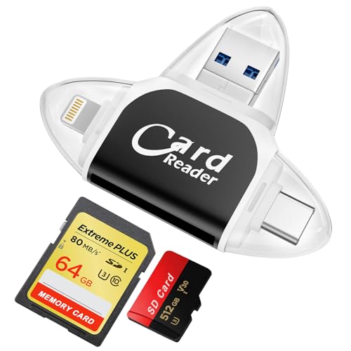 CLIUNT Multi-Port 4 in1 Universal SD TF Card Reader, SD Card Reader for iPhone, SD/Micro SD Memory Card Reader, USB 3.0 External Card Readers, Micro SD Card Camera Memory Card Reader
