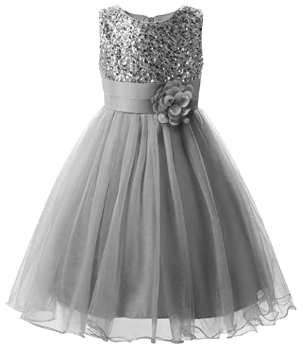 El Mejor Listado de Vestidos para Niña del mes. 42 Uhnice Vestido de fiesta sin mangas de tul con lentejuelas y malla para niña, Plateado gris, 6 Años
