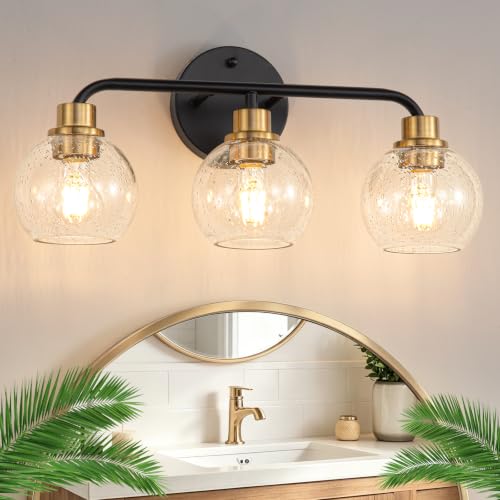 Image of Bathroom Light Fixtures Gold Vanity Light 3 Light Black and Gold | Wall Sconces Lighting with Seeded Clear Globe Glass Shades Bath Wall Lamp for Mirror Kitchen Living Room Bedroom Hallway
