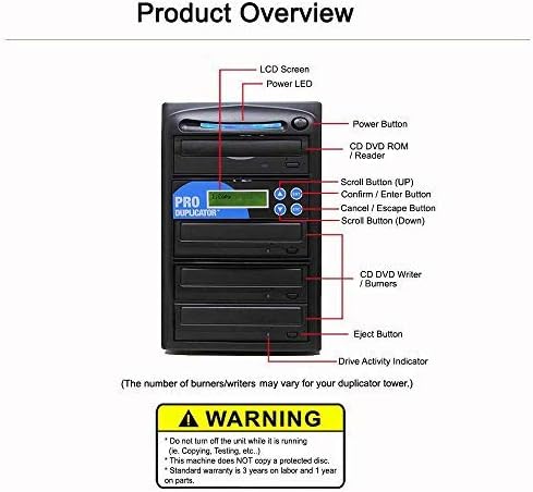 Diagram showing the front panel components of the Produplicator CD DVD Duplicator with labels for LCD screen, buttons, and drives.