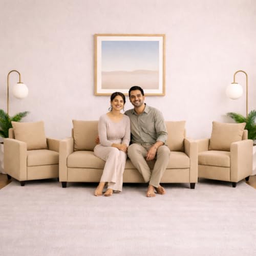 Image of Wood 3+1+1 Sofa Set 5 Seater | Velvet Fabric Upholstery | Wooden Frame Sofa Set with 3 Seater & 2 Single Chairs for Living Room, Home & Office (Golden)