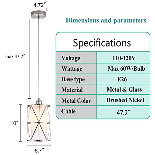 Shengqingtop Modern Cylindrical Pendant Light With Frosted Glass, Brushed Nickel Hanging Light, Transitional Metal Pendant Lighting Fixture For Kitchen Island Sink Dining Room Bar, Led Bulb Included #TOP3