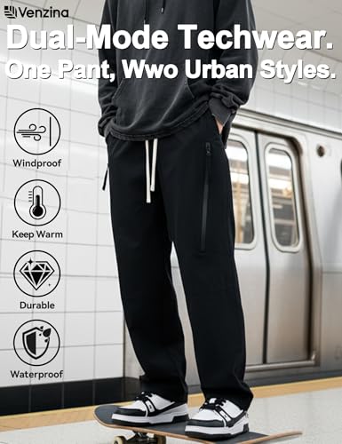 Image of Venzina Men's Techwear Casual Pants, 2-in-1 Straight Leg Waterproof Quick-Dry Joggers, Urban Functional Pants with Contrast Zipper, for Commuting Travel Workout
