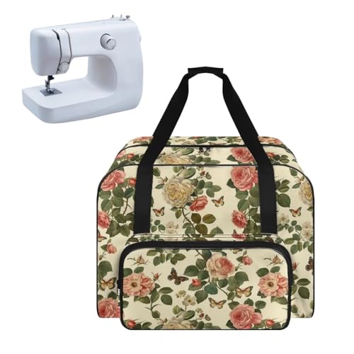 Uorisanigo Rose Butterfly Sewing Machine Carrying Case Universal Tote Bag Fabric Carry Case with Storage Pockets and Handles Suitable for Most Standard Sewing Machine Accessories and Supplies