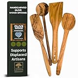 Handmade Olive Wood Kitchen Utensil Set - 4-Piece Artisan Cooking and Serving Utensil Bundle, Olive Wood Utensils, Fair-Trade, Handcrafted, Includes 2 Greek Recipes - LESVOS WOODCRAFT