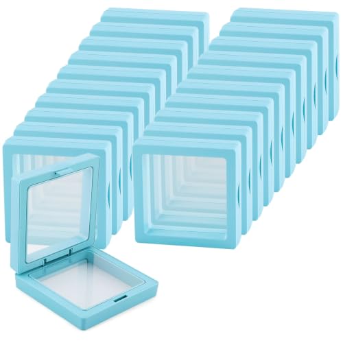 20 Pcs Sky Blue 3D Floating Display Case 3.5 x3.5X 0.8 inch, Challenge Coin Display,Transparent PE Jewelry Storage Box, Floating Display Holder Stands for Antique Challenge Coins, Medallion, Stamps