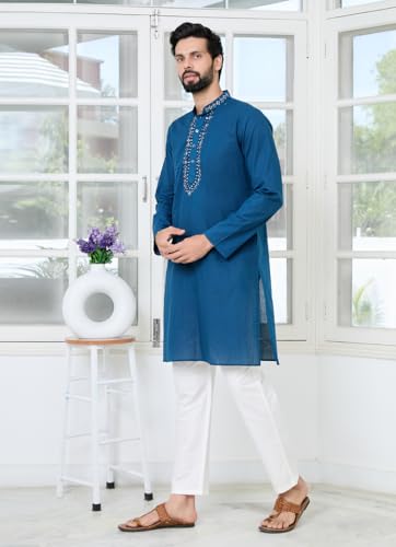 Image of See Designs Men's Full Sleeve Mandarin Collar Ethnic Motifs Embroidered Sequinned Mandarin Collar Straight Long Kurta with Pyjama - Festive Collection