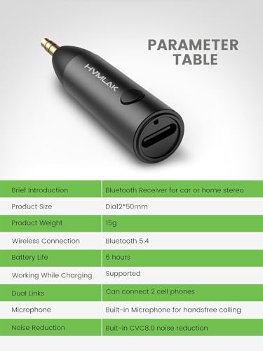 Image of HVMLAK Car Bluetooth 5.4 Aux Adapter, Metal Case, 1 Pack | USB-C Charging, HiFi Sound, Handsfree Calls, 6 Hours Play Time, Music Streaming for Old Car Home Stereo