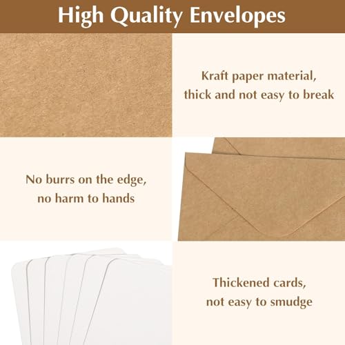 50 Stück Briefumschläge Braun mit 50 Blatt Blanko Papier Karten Mini Umschläge, Kleine Umschläge, Klappkarten für Geldgeschenke, Dankeskarten, Einladung
