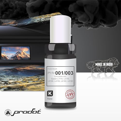 Image of ProDot ProSeries Ep 001 /003 Inkjet Ink Refill Compatible with Epson L1110, L1455, L3100, L3101, L3110, L3150, L4150, L4160, L5190, L6160, L6170, L6190 Ink Tank Printers (70 ml Black)