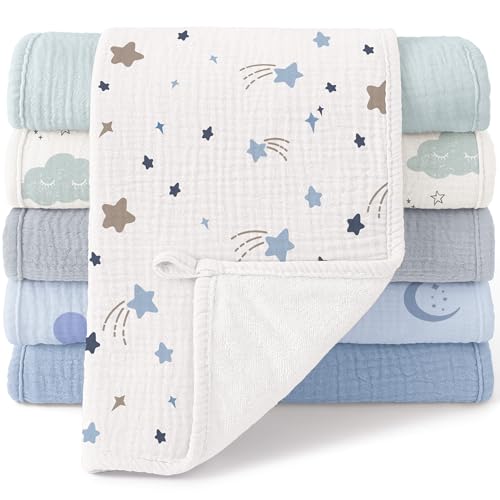 Bearmoss Musselin-Spucktücher 100% Baumwolle – 6er-Pack, 50x25 cm, Blauer Blockdruck