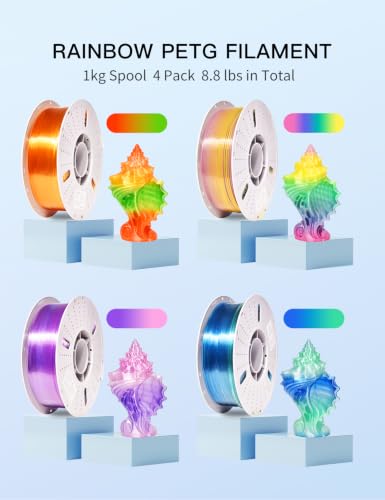 Image of PINBALL PETG Rainbow 3D Printer Filament 1.75mm, Multicolor Translucent PETG Filament Bundle, Accuracy + /- 0.02 mm, 4kg in Total