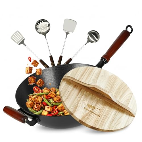 Sizle Masters Pre-Seasoned Cast Iron Nonstick Stir-Fry Pan | Dual Handles & 4 Spatulas | Flat Bottom Wok with Wooden Lid & Wood Handle | Traditional Chinese Induction Wok (34cm)