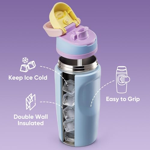 Image of Fijinhom 16 oz Insulated Water Bottle,Stainless Steel Sports Water Bottle with Straw, Double Wall Vacuum Leak Proof, Cold for 24 Hours, BPA Free for Travel, Sport, Outdoor, Light Blue