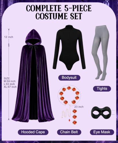 Image of Raven Costume for Women, 6 Pcs Raven Cosplay Costume Set with Purple Hooded Cloak Bodysuit Gray Tights Halloween Party Outfit