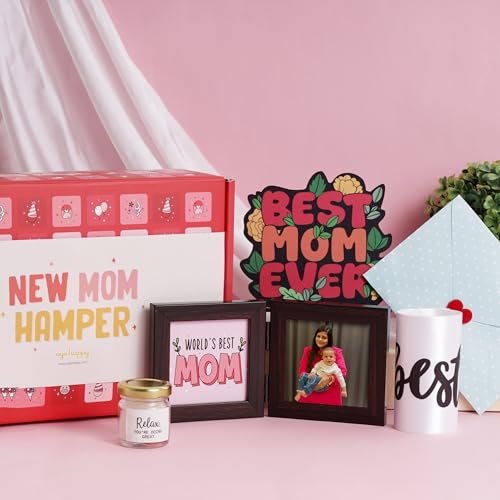 Image of Oye Happy - Glitter Hamper for New Mom | 5-in-1 Mother's Day Gift Set with Baby Letter, Photo Frame, Candle, Sash & Table Top | Thoughtful Gift for First-Time Moms