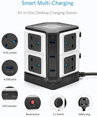 BESTEK Wireless Charging Power Strip Tower, 8 Outlets 1500 Joules Surge Protector 40W 6 Ports USB Charging Dock Station Extension Leads with Individual Switches Light-Sensitive Indicator Light (Black)