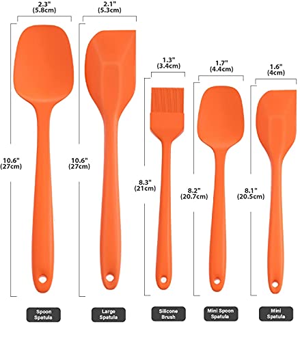 Image of P-Plus International Silicone Spatula Set 5-Piece - 446F Heat-Resistant Baking Spoon Spatula - Seamless One-Piece Design- Non-Stick Silicone Stainless Steel Core (Spatula Set of 5 Orange)