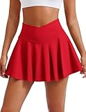 PINSPARK Tennisrock Damen Rock mit Hose Drunter Hohe Taille Hosenrock Kurz Sommer Plissiert Tenniskleid Sport Wander Golfrock Outdoor Festival Rave Minirock Rot M