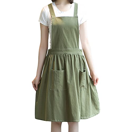 Barrageon Küchenschürze Zuhause Küche Kochen Arbeitsschürze Volltonfarbe Lässig Baumwolle Leinen Schürze Kreuz Bandage Garten Arbeit Kleid Backen Catering Kommerzielles Restaurant(Grün) Cover