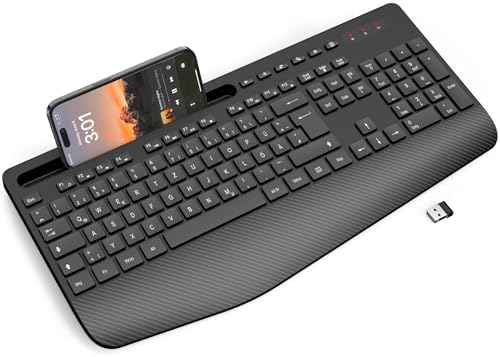 Kabellose Tastatur mit Handballenauflage, Full-Size Tastatur, Telefonhalter | ergonomische Tastatur mit Schlafmodus, 18 Multimedia-Tasten, leise 2,4GHz Funktastatur für Windows PC