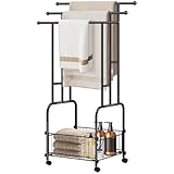 Freestanding Towel Rack for Bathroom, 3-Tier Durable Black Metal Stand with Wheels and Basket, Towel Drying Rack, Multi-Use Blanket Rack for Indoor/Outdoor Bathroom