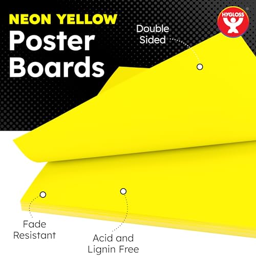 Image of Hygloss Large Poster Board 22x28 - 25 Neon Yellow Single Color Bulk Pack - 10 Pt. Thickness Colored Poster Board Paper for Projects, Signs, Displays - Posterboard Multipack 22 inch x 28 inch
