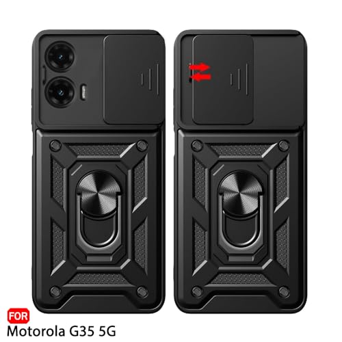 Image of TheGiftKart Tough Armor Bumper Back Cover Case for Motorola Moto G35 5G | Sliding Camera Cover, Kickstand & Ring Holder | 360 Protection Back Cover Case for Motorola Moto G35 5G (PC & TPU, Black)