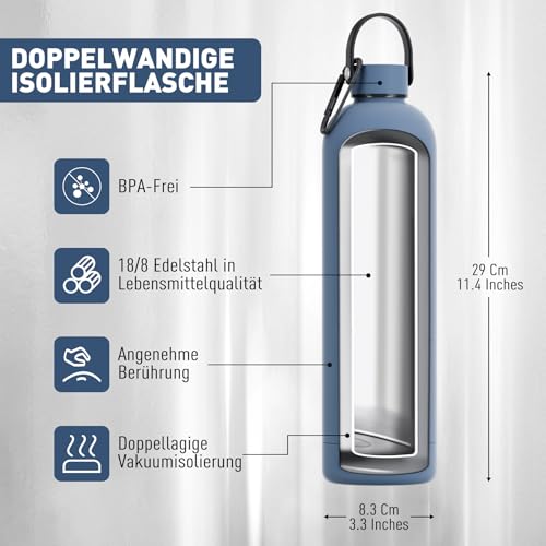 Exllena Borraccia Termica 1 Litro con Maniglia e Moschettone - Bottiglia Termica 1 Litro Mantenere Calore/Freddo - Senza BPA - 100% A Tenuta Stagna per Escursioni, Campeggio, Viaggi...(Blu Balena) - 3