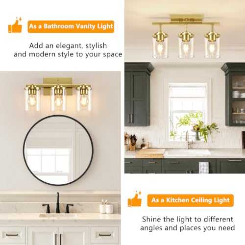 FadimiKoo 3-Lights Semi Flush Mount Ceiling Light, Brushed Gold Close to Ceiling Light Fixtures, Kitchen Light Fixture with Clear Glass, Rotatable Tracking Lights for Hallway, Foyer, Living Room by FadimiKoo - Used condition - Image 5