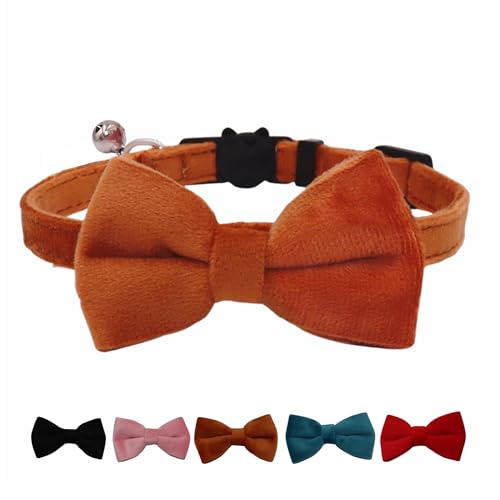 WDPAWS Cat Collar Breakaway with Bell and Removable Bow Tie Safety Buckle Velvet Adjustable 7-11 inches for Kitten Cats (Brown)