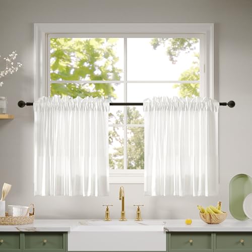 Anmao Non-See-Through Valance Kitchen Curtains 24 Inch Length 2 Panels Set, Off White Privacy Light Filtering Semi Sheer Over Sink Short Cafe Curtain Tiers for Small Windows, 25W x 24L, Ivory White