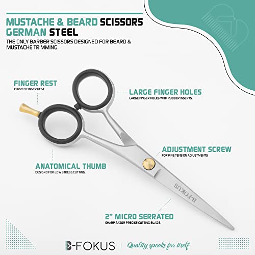 B-Fokus Multi-Use Mustache And Beard Scissors, 5-Inch German Steel Grooming Scissors For Beard And Mustache Care, Beard Scissors For Men Come With A Gorgeous Zipper Case And Comb Set (Silver) #TOP3