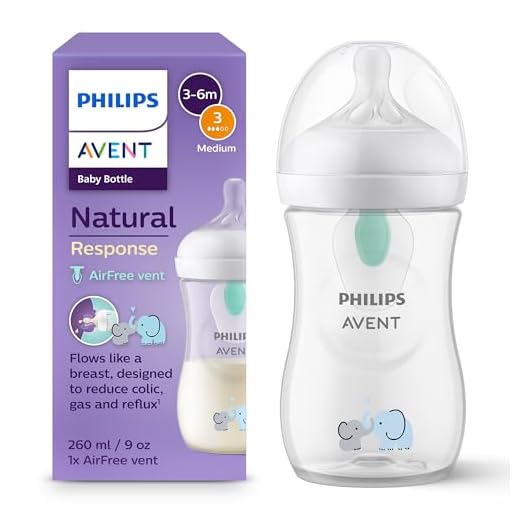 Philips Avent Biberón Natural Response: biberón de 260 ml con sistema AirFree, sin BPA, para recién nacidos a partir de 1 mes, estampado Elefante (modelo SCY673/81)
