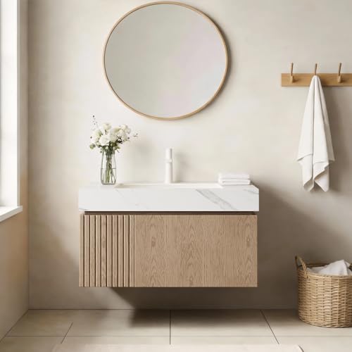 AmbroVania 30" Floating Bathroom Vanity with Sink, Light Brown Plywood Base