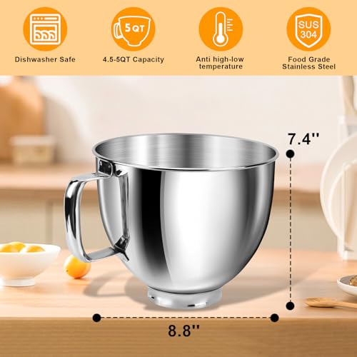 5 Quart Mixing Bowl for KitchenAid Stand Mixers, Food-Grade Stainless Steel Bowl with Handle & Clasp, Compatible with Tilt-Head 4.5–5 Qt Models – Fits K45, K45SS, KSM75, KSM150, KSM95 (Silver, 5QT) by JEASOM - Image 2
