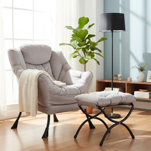 Welnow Lazy Chair with Ottoman, Modern Accent Chair with Armrests and a Side Pocket, Leisure Sofa Armchair, Reading Armchair with Footrest for Small Space, Light Grey